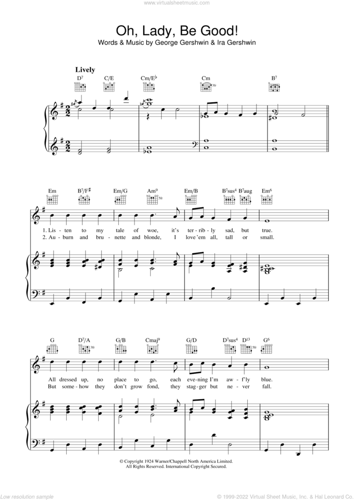 Oh, Lady, Be Good sheet music for voice, piano or guitar by George Gershwin and Ira Gershwin, intermediate skill level