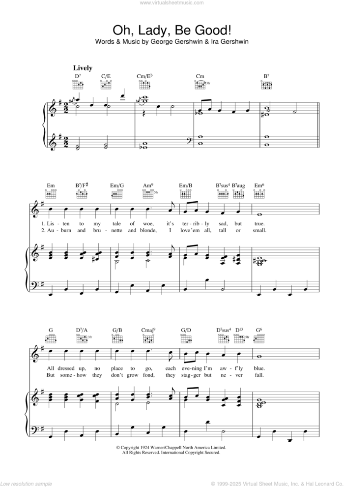 Oh, Lady, Be Good sheet music for voice, piano or guitar by George Gershwin and Ira Gershwin, intermediate skill level