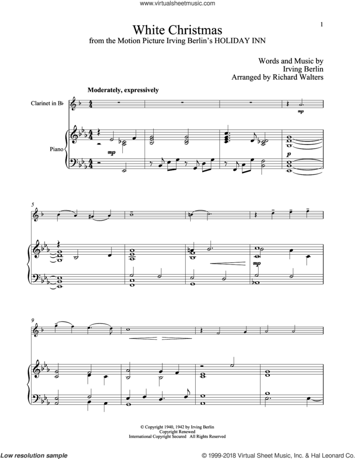 White Christmas sheet music for clarinet and piano by Irving Berlin, classical score, intermediate skill level