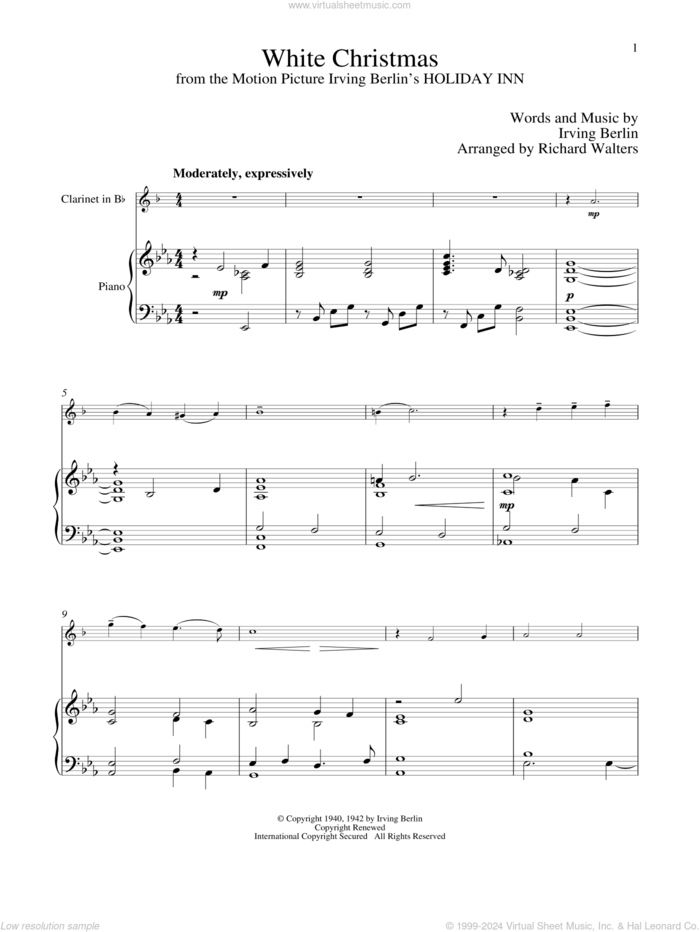 White Christmas sheet music for clarinet and piano by Irving Berlin, classical score, intermediate skill level