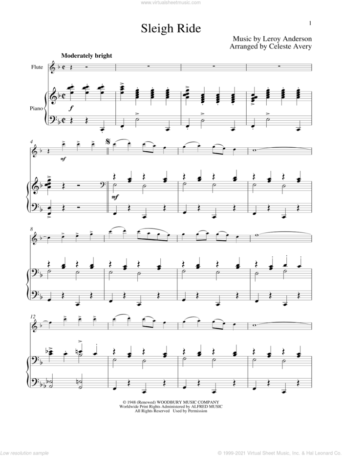 Sleigh Ride sheet music for flute and piano by Leroy Anderson and Mitchell Parish, classical score, intermediate skill level
