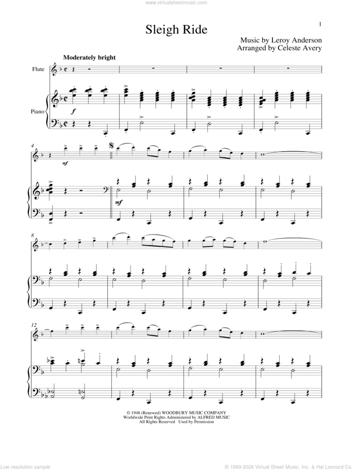 Sleigh Ride sheet music for flute and piano by Mitchell Parish and Leroy Anderson, classical score, intermediate skill level