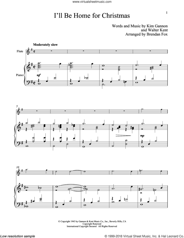 I'll Be Home For Christmas sheet music for flute and piano by Kim Gannon, Bing Crosby and Walter Kent, classical score, intermediate skill level