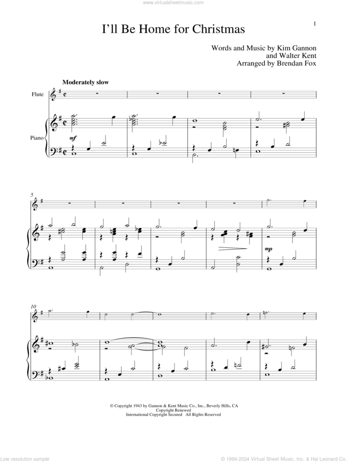 I'll Be Home For Christmas sheet music for flute and piano by Kim Gannon, Bing Crosby and Walter Kent, classical score, intermediate skill level