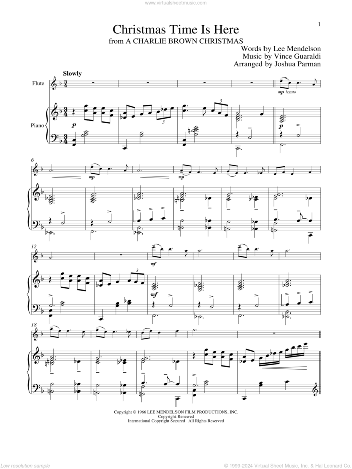 Christmas Time Is Here sheet music for flute and piano by Vince Guaraldi and Lee Mendelson, intermediate skill level