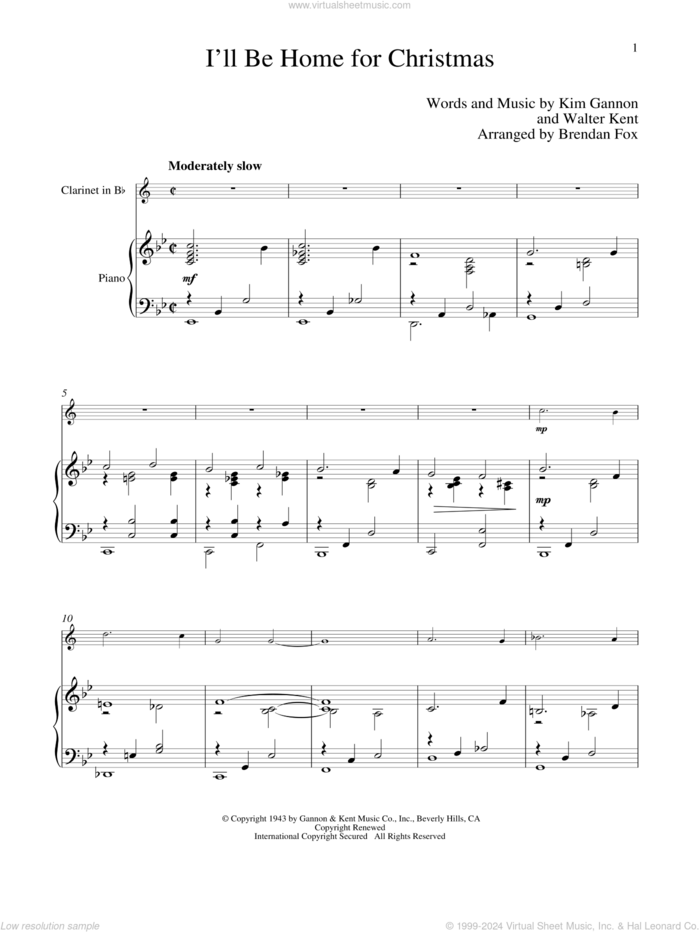 I'll Be Home For Christmas sheet music for clarinet and piano by Kim Gannon and Walter Kent, classical score, intermediate skill level