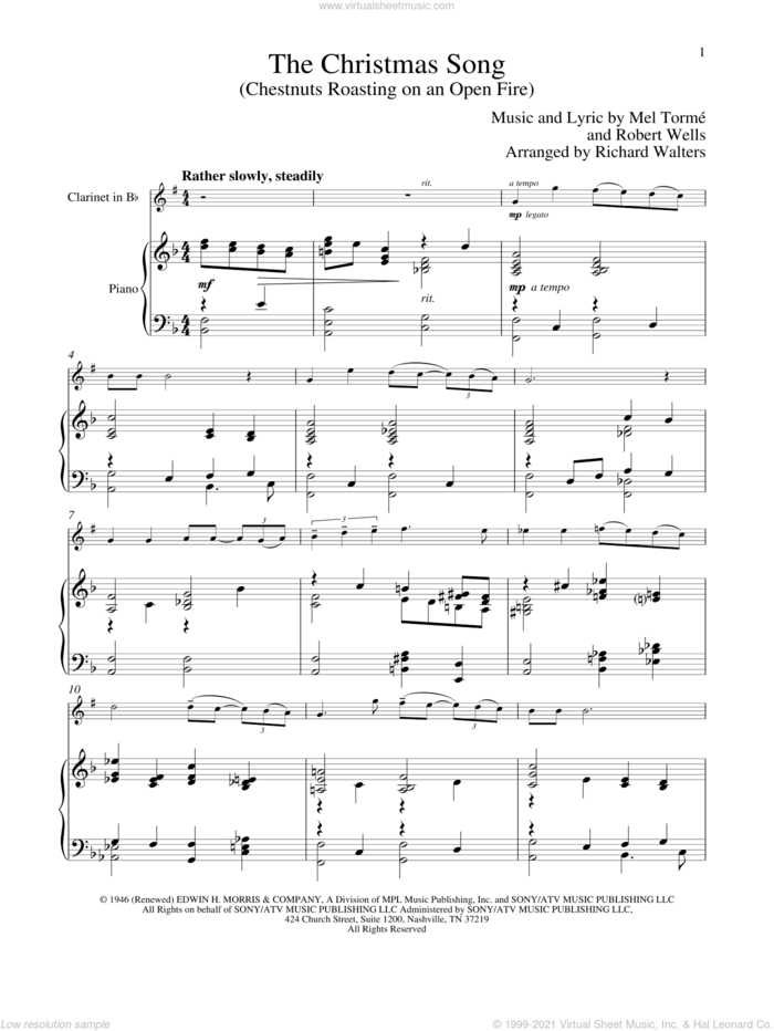 The Christmas Song (Chestnuts Roasting On An Open Fire) sheet music for clarinet and piano by Mel Torme, Mel Torme and Robert Wells, intermediate skill level