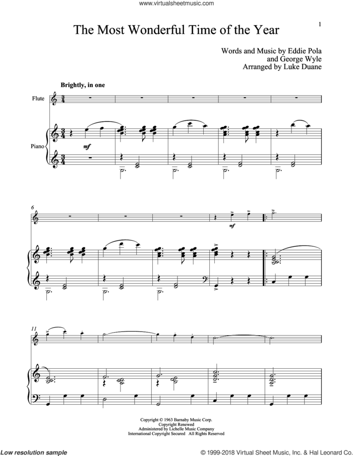 The Most Wonderful Time Of The Year sheet music for flute and piano by George Wyle and Eddie Pola, classical score, intermediate skill level