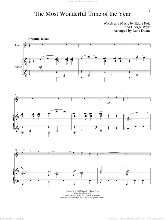 The Most Wonderful Time Of The Year sheet music for flute and piano by George Wyle and Eddie Pola, classical score, intermediate skill level