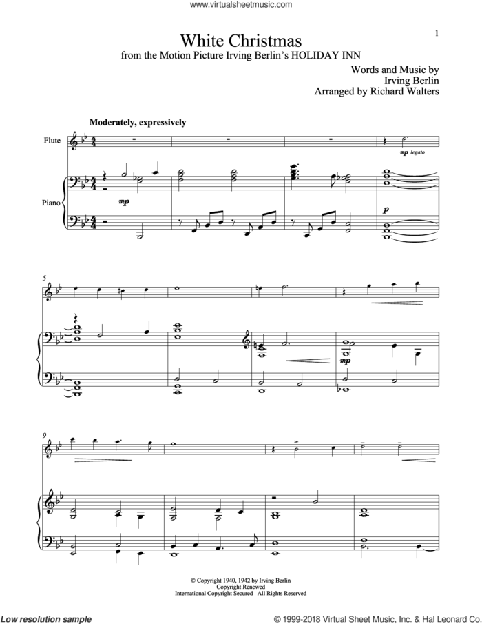 White Christmas sheet music for flute and piano by Irving Berlin, classical score, intermediate skill level