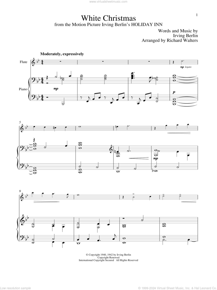 White Christmas sheet music for flute and piano by Irving Berlin, classical score, intermediate skill level