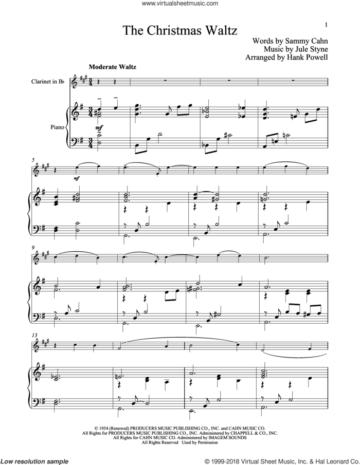 The Christmas Waltz sheet music for clarinet and piano by Sammy Cahn and Jule Styne, classical score, intermediate skill level