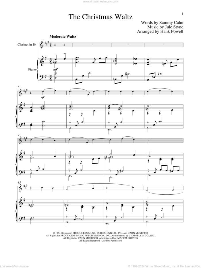 The Christmas Waltz sheet music for clarinet and piano by Sammy Cahn and Jule Styne, classical score, intermediate skill level