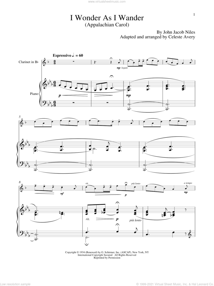 I Wonder As I Wander sheet music for clarinet and piano by John Jacob Niles, classical score, intermediate skill level