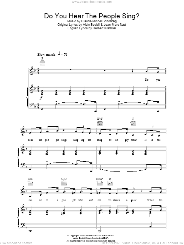 Do You Hear The People Sing? sheet music for voice, piano or guitar by Alain Boublil, Les Miserables (Musical), Claude-Michel Schonberg, Herbert Kretzmer and Jean-Marc Natel, intermediate skill level