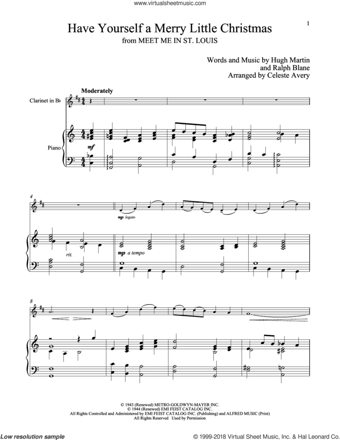 Have Yourself A Merry Little Christmas sheet music for clarinet and piano by Hugh Martin and Ralph Blane, classical score, intermediate skill level