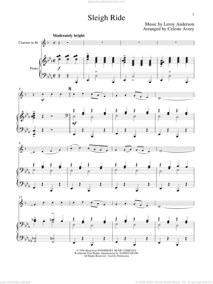 Sleigh Ride sheet music for clarinet and piano by Leroy Anderson and Mitchell Parish, classical score, intermediate skill level