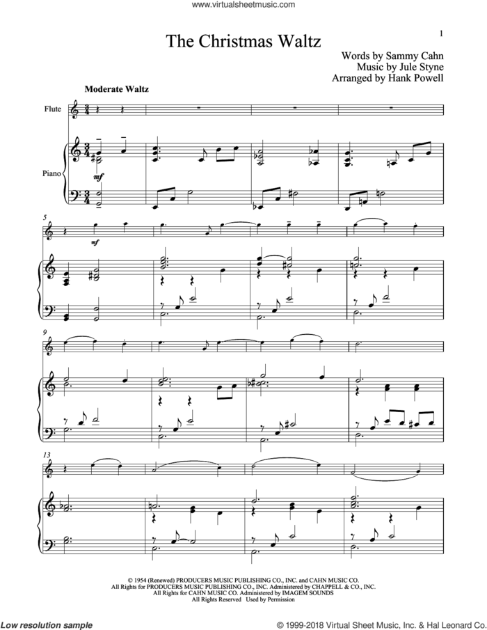 The Christmas Waltz sheet music for flute and piano by Sammy Cahn and Jule Styne, classical score, intermediate skill level