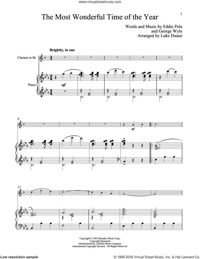 The Most Wonderful Time Of The Year sheet music for clarinet and piano by George Wyle and Eddie Pola, classical score, intermediate skill level