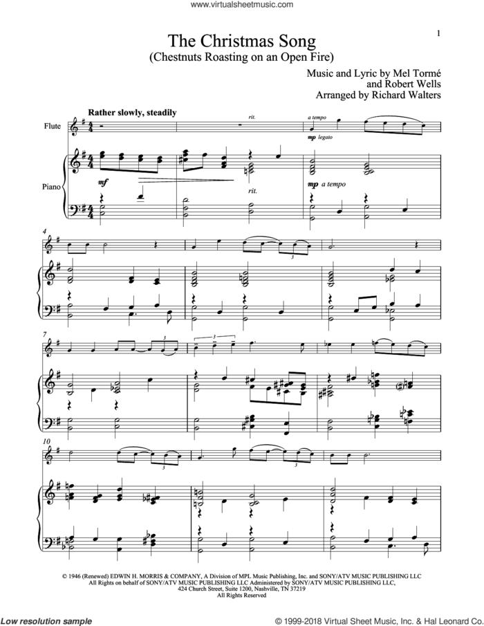 The Christmas Song (Chestnuts Roasting On An Open Fire) sheet music for flute and piano by Mel Torme, Mel Torme and Robert Wells, intermediate skill level