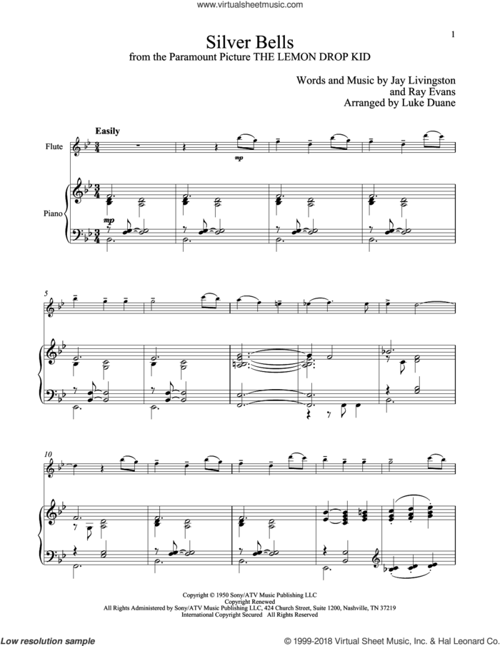 Silver Bells sheet music for flute and piano by Jay Livingston and Ray Evans, classical score, intermediate skill level