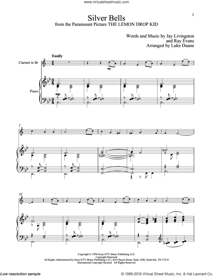 Silver Bells sheet music for clarinet and piano by Jay Livingston, classical score, intermediate skill level