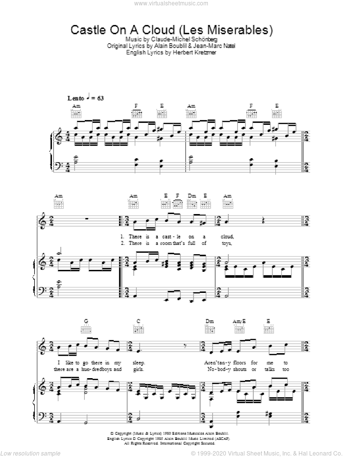 Castle On A Cloud sheet music for voice, piano or guitar by Alain Boublil, Les Miserables (Musical), Claude-Michel Schonberg, Herbert Kretzmer and Jean-Marc Natel, intermediate skill level