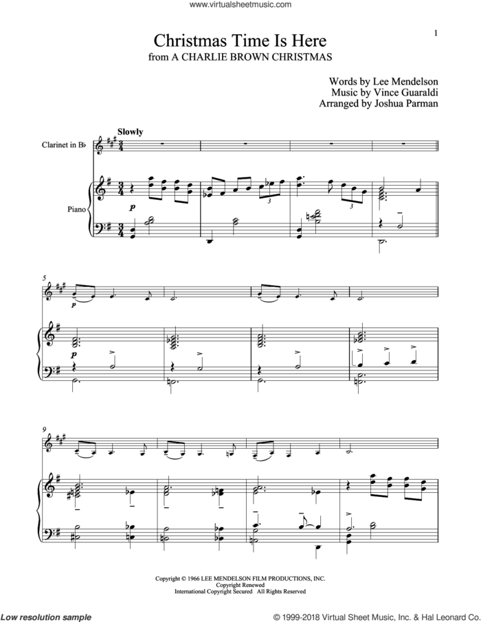 Christmas Time Is Here sheet music for clarinet and piano by Vince Guaraldi and Lee Mendelson, intermediate skill level