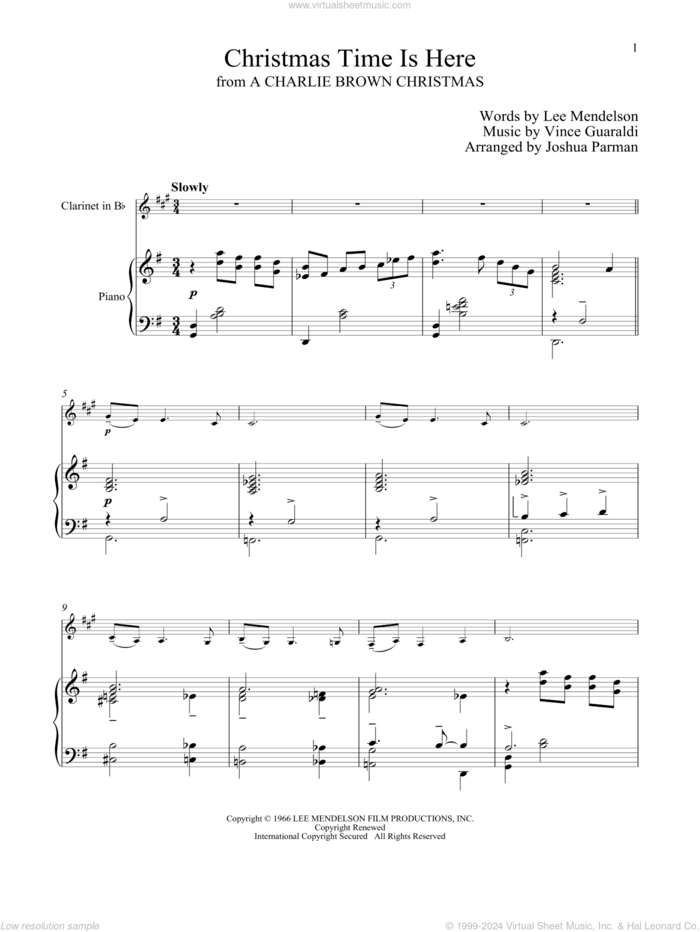 Christmas Time Is Here sheet music for clarinet and piano by Vince Guaraldi and Lee Mendelson, intermediate skill level