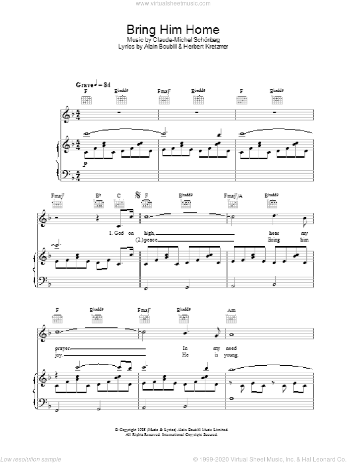 Bring Him Home (from Les Miserables) sheet music for voice, piano or guitar by Alain Boublil, Les Miserables (Musical), Claude-Michel Schonberg and Herbert Kretzmer, intermediate skill level