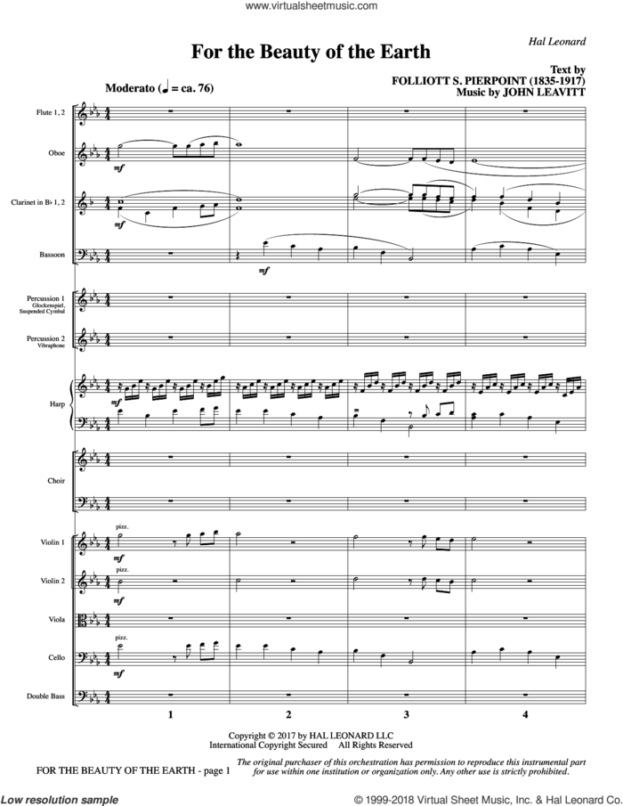 For the Beauty of the Earth (COMPLETE) sheet music for orchestra/band by John Leavitt and Folliot S. Pierpoint, intermediate skill level