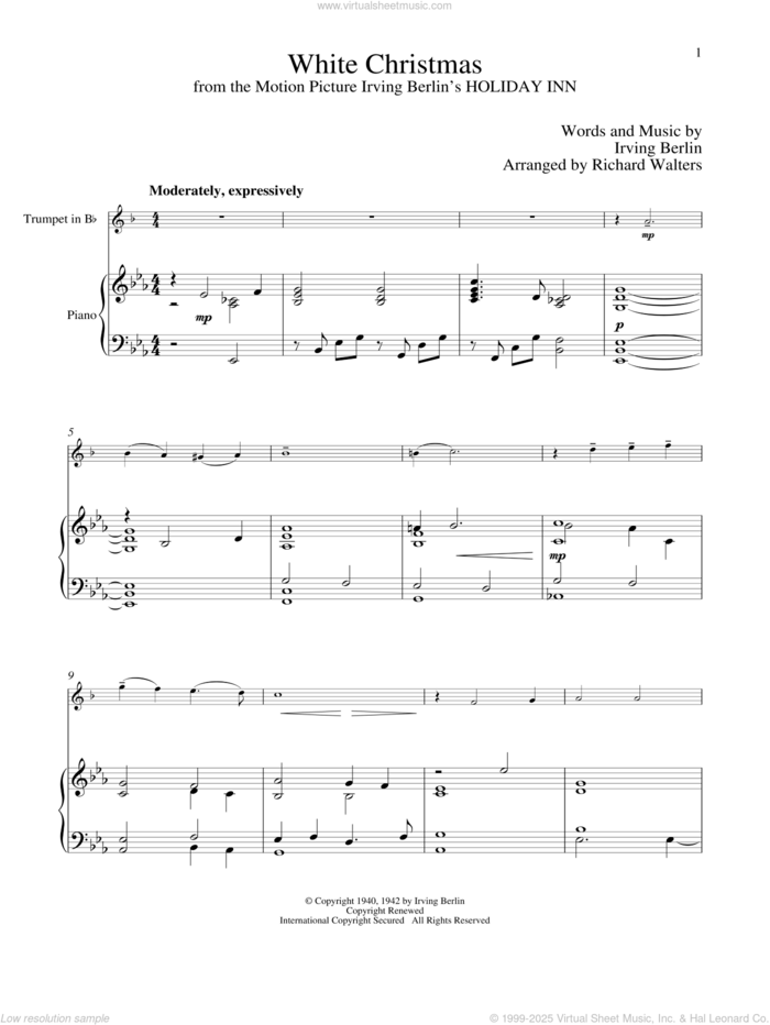 White Christmas sheet music for trumpet and piano by Irving Berlin, classical score, intermediate skill level