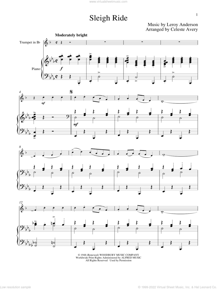 Sleigh Ride sheet music for trumpet and piano by Leroy Anderson and Mitchell Parish, classical score, intermediate skill level