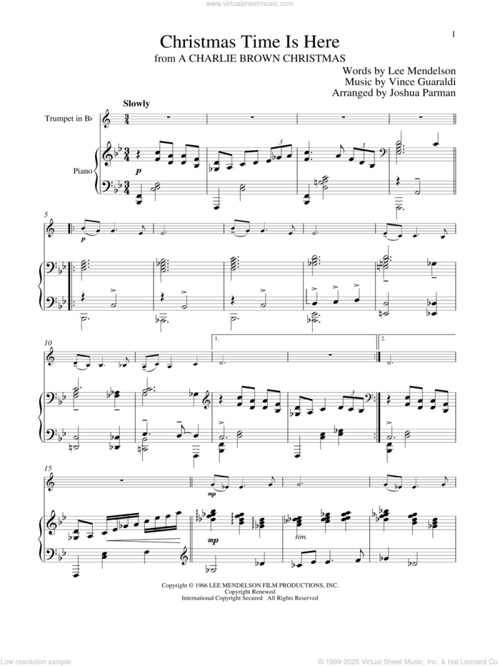 Christmas Time Is Here sheet music for trumpet and piano by Vince Guaraldi and Lee Mendelson, intermediate skill level