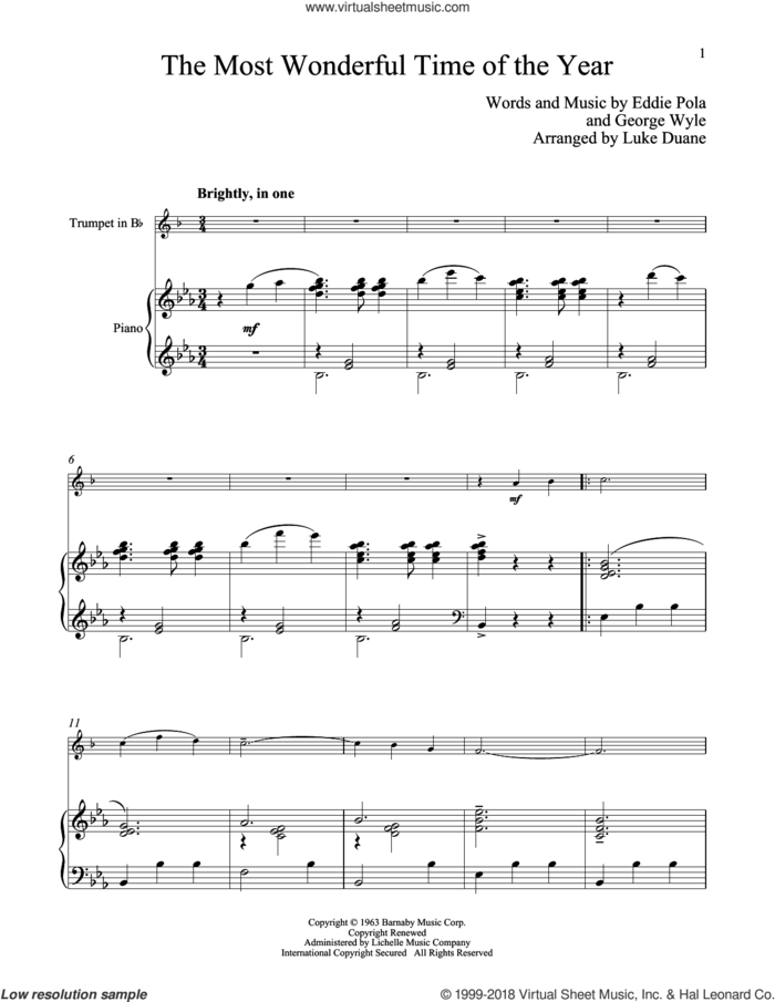 The Most Wonderful Time Of The Year sheet music for trumpet and piano by George Wyle and Eddie Pola, classical score, intermediate skill level