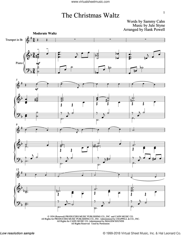 The Christmas Waltz sheet music for trumpet and piano by Sammy Cahn and Jule Styne, classical score, intermediate skill level