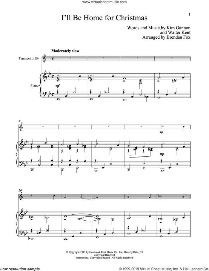 I'll Be Home For Christmas sheet music for trumpet and piano by Kim Gannon and Walter Kent, intermediate skill level