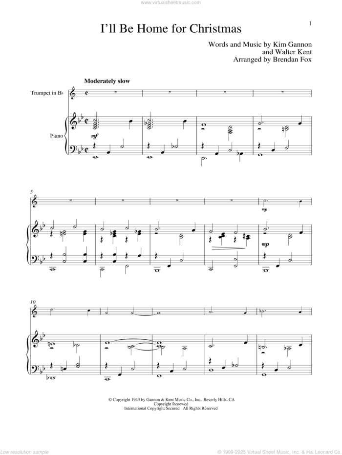 I'll Be Home For Christmas sheet music for trumpet and piano by Kim Gannon and Walter Kent, intermediate skill level