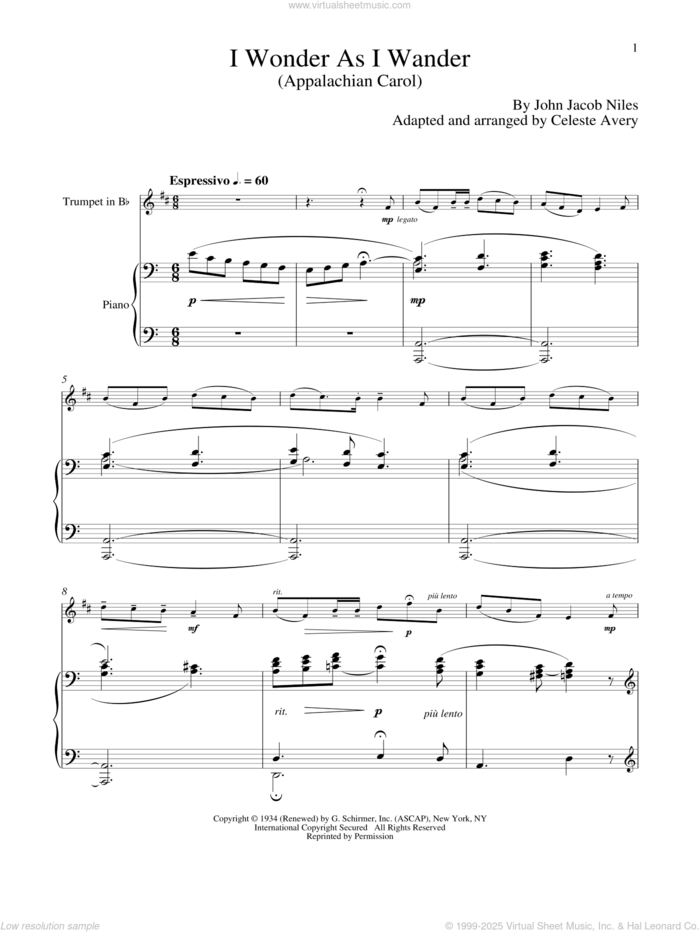 I Wonder As I Wander sheet music for trumpet and piano by John Jacob Niles, classical score, intermediate skill level