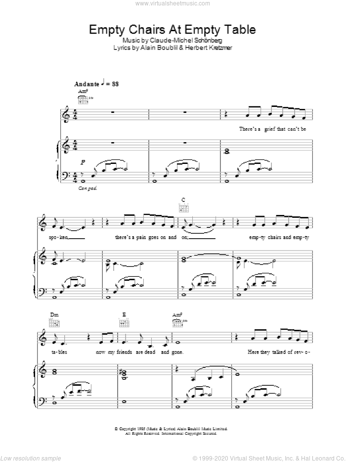 Empty Chairs At Empty Tables sheet music for voice, piano or guitar by Alain Boublil, Les Miserables (Musical), Claude-Michel Schonberg and Herbert Kretzmer, intermediate skill level