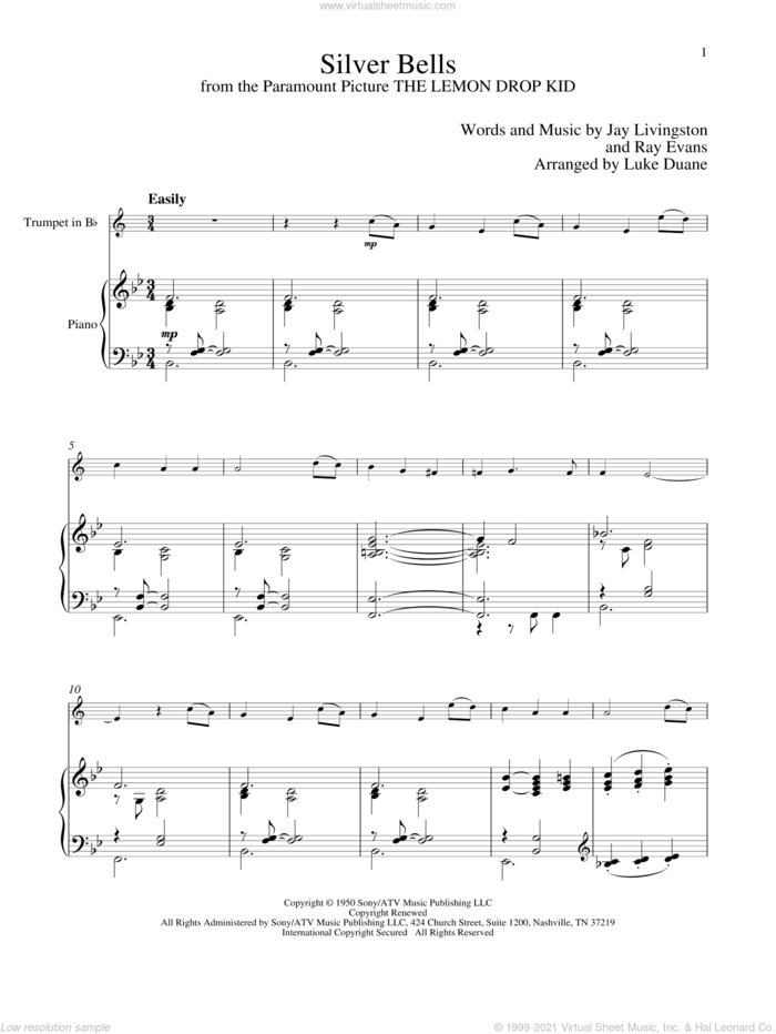 Silver Bells sheet music for trumpet and piano by Jay Livingston and Ray Evans, classical score, intermediate skill level