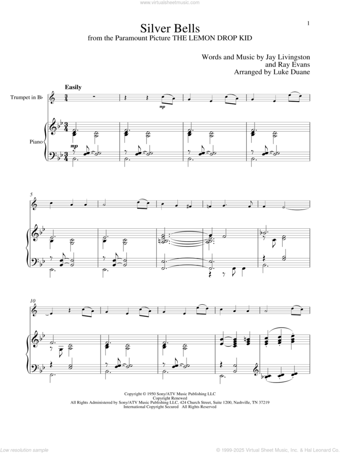 Silver Bells sheet music for trumpet and piano by Jay Livingston and Ray Evans, classical score, intermediate skill level