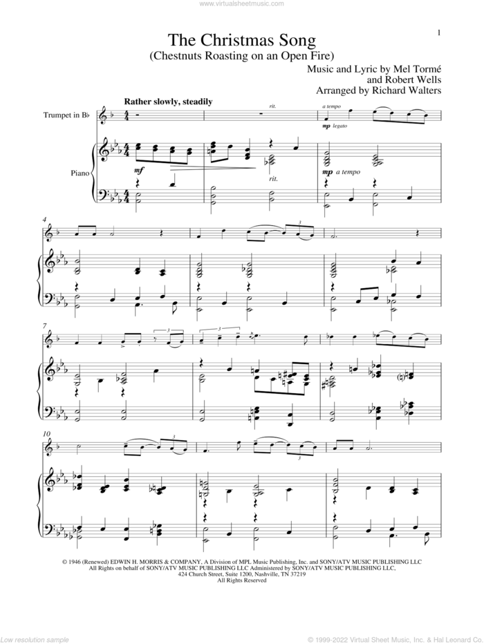The Christmas Song (Chestnuts Roasting On An Open Fire) sheet music for trumpet and piano by Mel Torme, Mel Torme and Robert Wells, classical score, intermediate skill level
