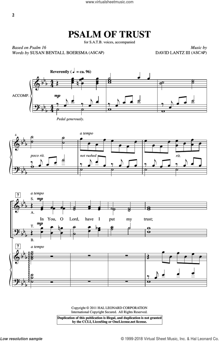 Psalm Of Trust sheet music for choir (SATB: soprano, alto, tenor, bass) by David Lantz, Psalm 16 and Susan Bentall Boersma, intermediate skill level