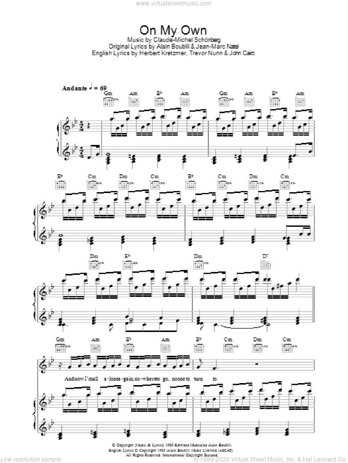 On My Own (from Les Miserables) sheet music for voice, piano or guitar by Alain Boublil, Les Miserables (Musical), Claude-Michel Schonberg, Herbert Kretzmer, Jean-Marc Natel, John Caird and Trevor Nunn, intermediate skill level