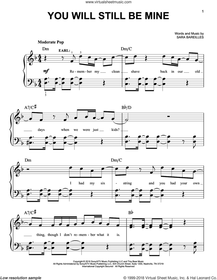 You Will Still Be Mine (from Waitress The Musical) sheet music for piano solo by Sara Bareilles, easy skill level