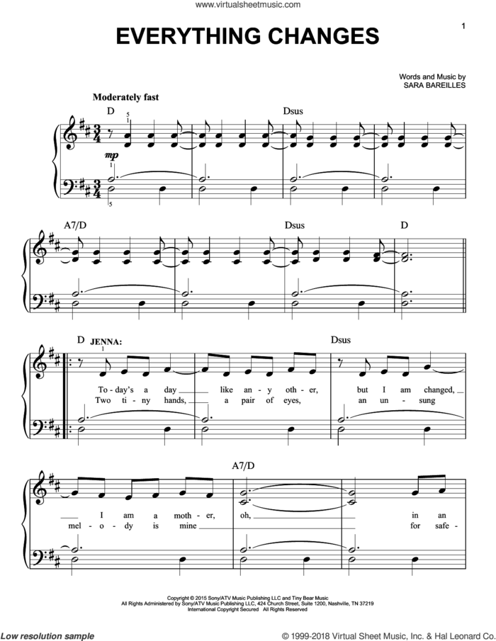 Everything Changes (from Waitress The Musical) sheet music for piano solo by Sara Bareilles, easy skill level