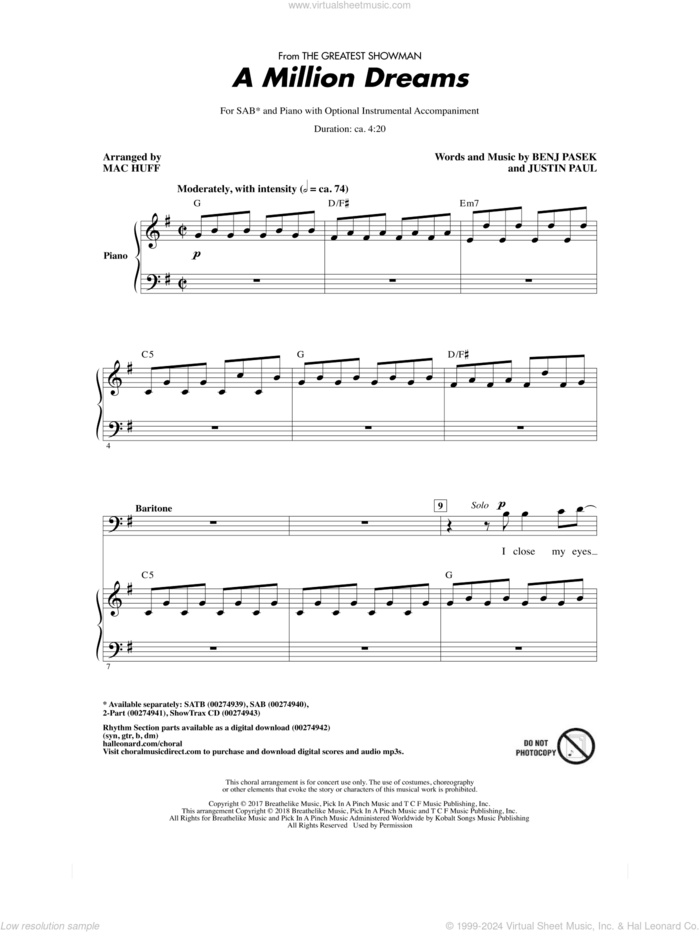 A Million Dreams (from The Greatest Showman) (arr. Mac Huff) sheet music for choir (SAB: soprano, alto, bass) by Pasek & Paul, Mac Huff, Benj Pasek and Justin Paul, intermediate skill level