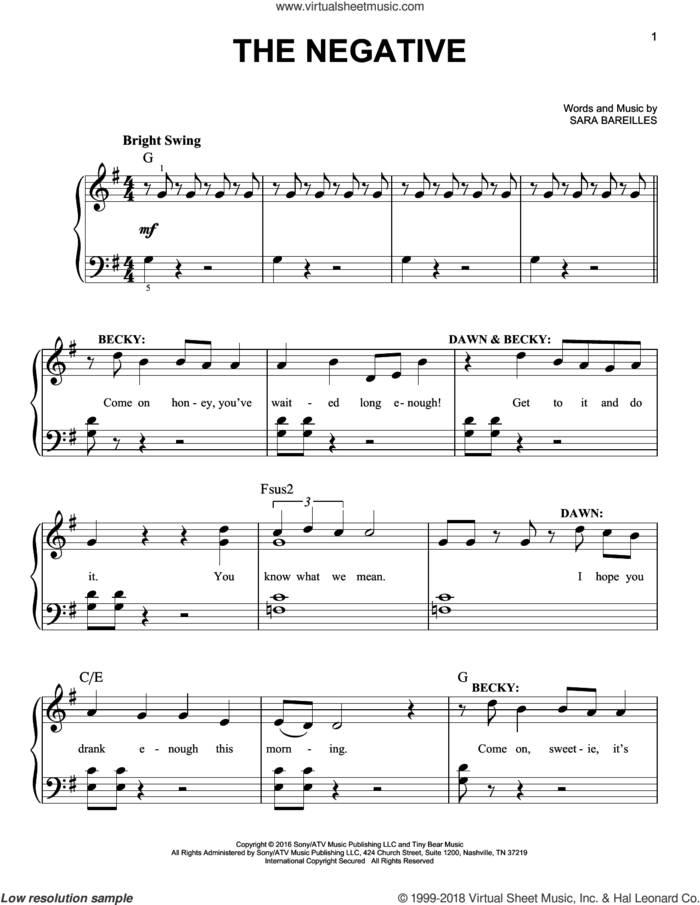 The Negative (from Waitress the Musical) sheet music for piano solo by Sara Bareilles, easy skill level