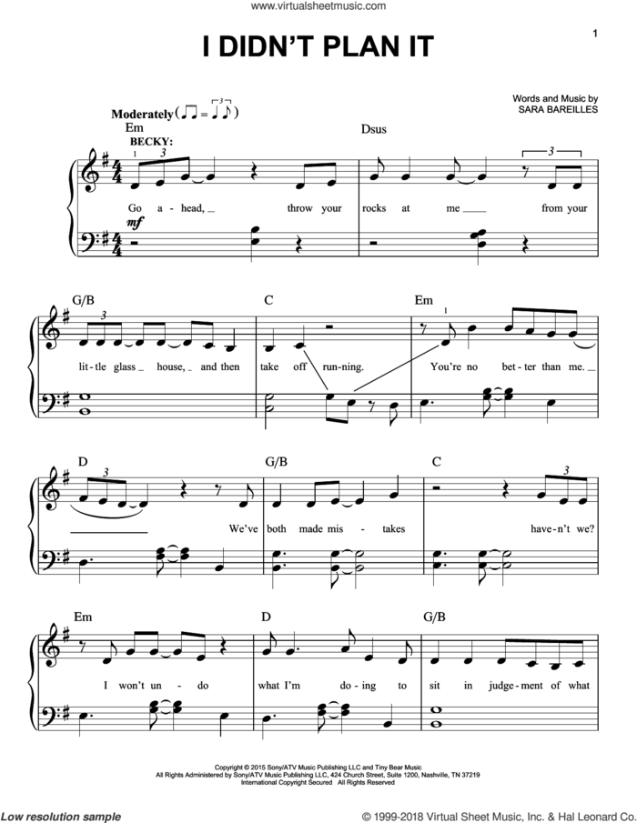I Didn't Plan It (from Waitress The Musical) sheet music for piano solo by Sara Bareilles, easy skill level